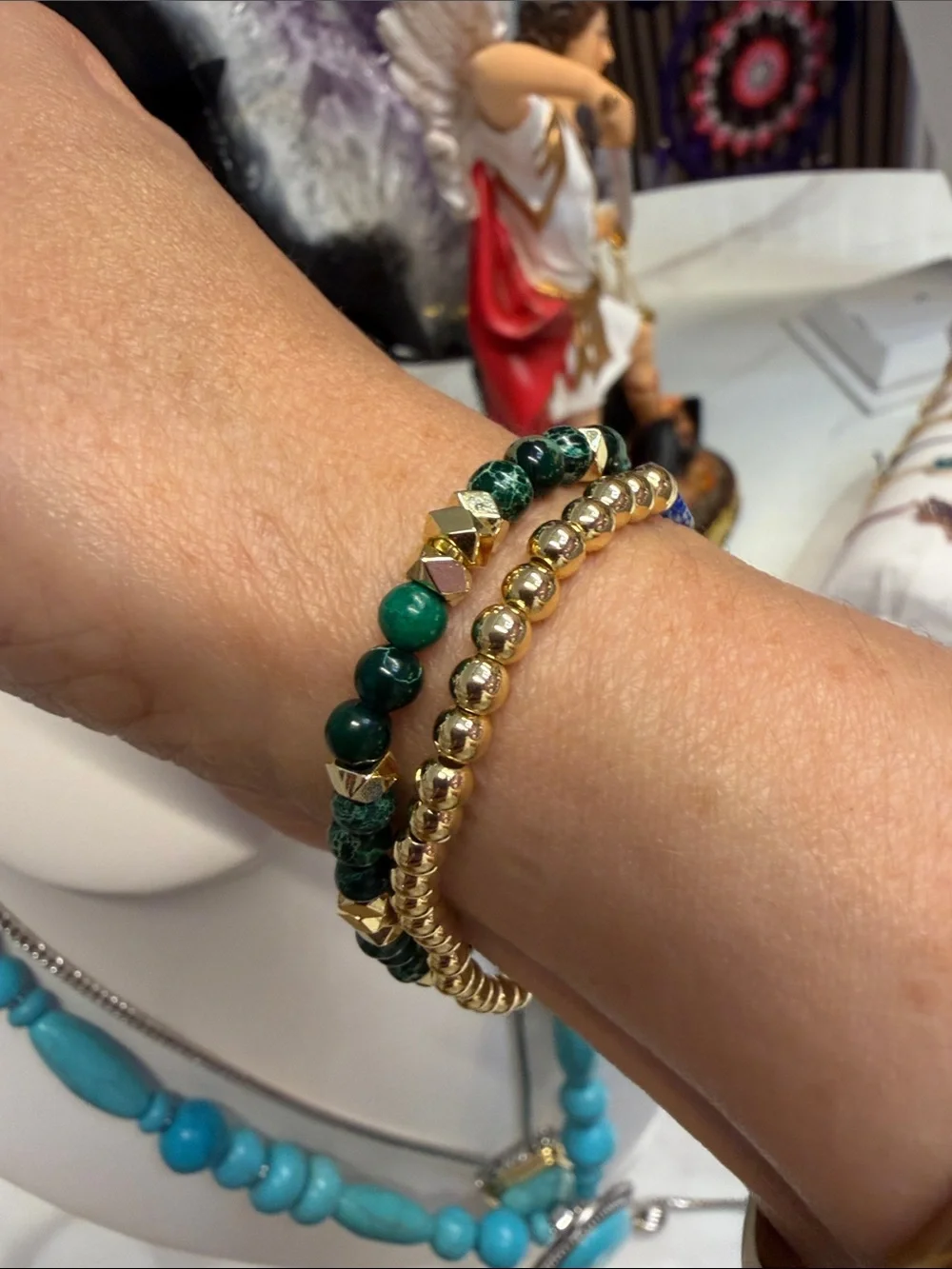 Gold Beaded Bracelet with Green and Blue Gem Accents for good luck 🍀🪬🧿